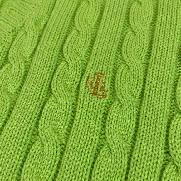 LAUREN Ralph Lauren V Neck Cable Knit Vintage Sweater. Bright Green. Size Large. - Picture 3 of 8